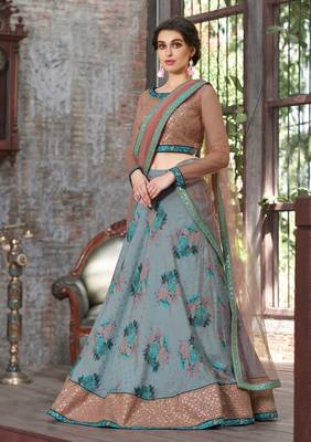 Light Blue Embroidered Silk Semi Stitched Lehenga With Dupatta 1