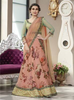 Peach Embroidered Silk Semi Stitched Lehenga With Dupatta 1