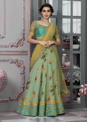 Green Embroidered Silk Semi Stitched Lehenga With Dupatta 1
