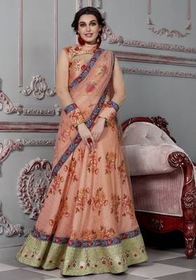 Peach Embroidered Silk Semi Stitched Lehenga With Dupatta 1