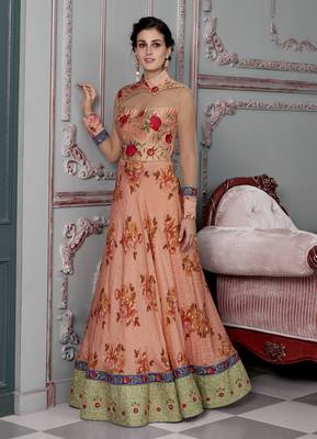 Peach Embroidered Silk Semi Stitched Lehenga With Dupatta 2