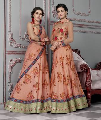Peach Embroidered Silk Semi Stitched Lehenga With Dupatta 3