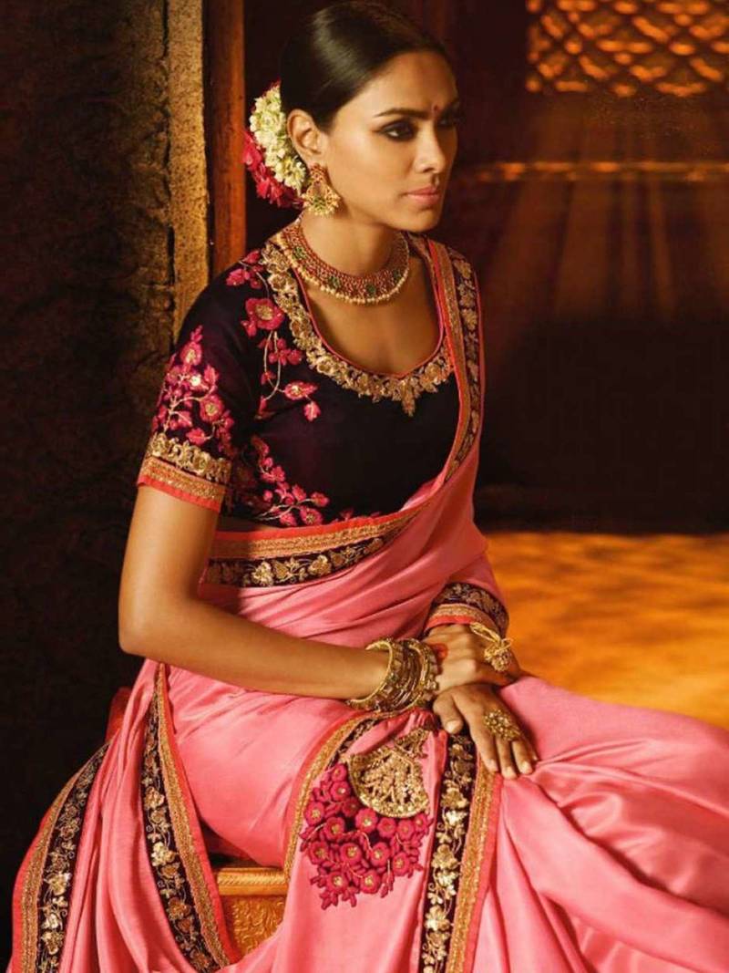 Pink Embroidered Silk Blend Saree With Unstitched Blouse Piece