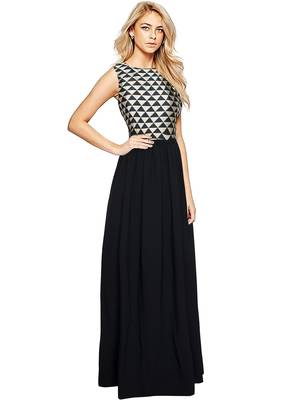 Black abstract print crepe gown 2