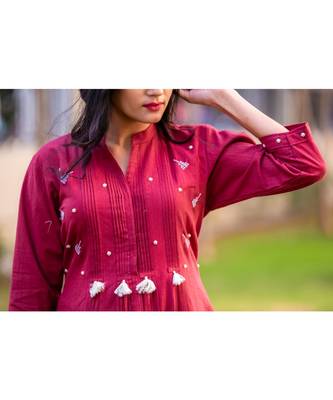 Pomegranate red kurta with pearl embellishment 3