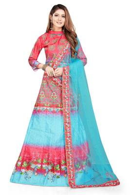 Multicolor Digital Print Art Silk Semi Stitched Lehenga 1
