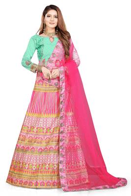 Multicolor Digital Print Art Silk Semi Stitched Lehenga 1