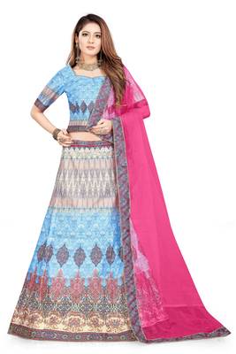 Multicolor Digital Print Art Silk Semi Stitched Lehenga 1