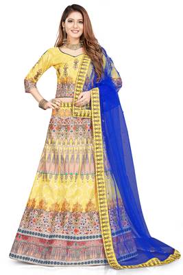 Multicolor Digital Print Art Silk Semi Stitched Lehenga 1