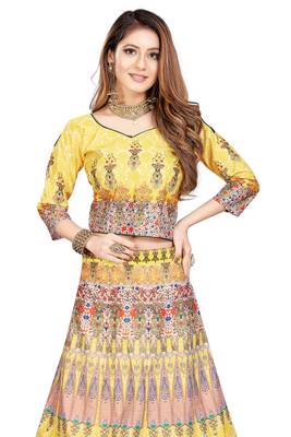 Multicolor Digital Print Art Silk Semi Stitched Lehenga 2