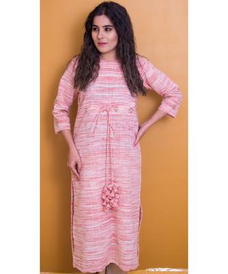 Light Rose Pink And Cream Kurta In Khadi Cotton 1