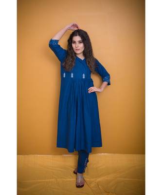 Navy Blue Khadi Classic Gotta Patti Kurta with Coat Neck 1