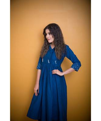 Navy Blue Khadi Classic Gotta Patti Kurta with Coat Neck 2