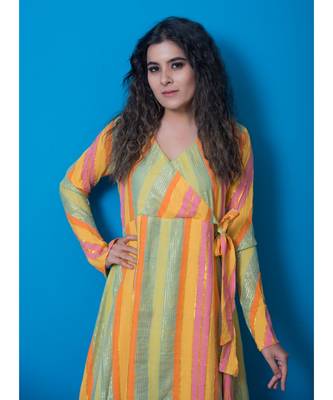 Green multicoloured khadi cotton angarkha kurta 2