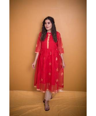 Red Chanderi Work Floral Work Kurta 1