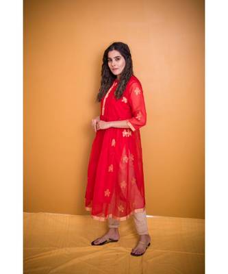 Red Chanderi Work Floral Work Kurta 2