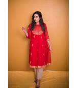 red chanderi work kurta with golden yoke