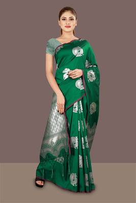   green woven art silk banarasi saree with blouse piece 1