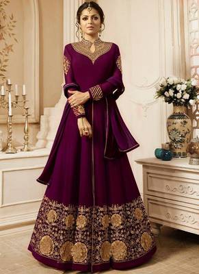 Wine Embroidered Faux Georgette Salwar With Dupatta Semi Stitched 1