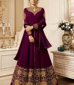 Wine Embroidered Faux Georgette Salwar With Dupatta Semi Stitched