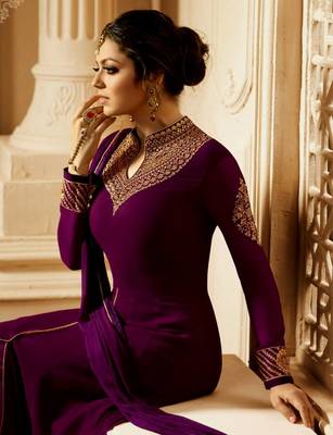 Wine Embroidered Faux Georgette Salwar With Dupatta Semi Stitched 2