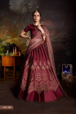 Blood Red Gilter Sequins Embroidered Satin Unstitched Lehenga Choli With Dupatta 1
