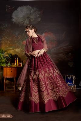 Blood Red Gilter Sequins Embroidered Satin Unstitched Lehenga Choli With Dupatta 3