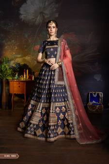 Navy Blue Resham And Sequins Embroidered Satin Semi Stitched wedding lehenga