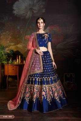 Blue Resham And Sequins Embroidered Satin Semi Stitched wedding Lehenga 1
