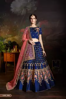 Blue Resham And Sequins Embroidered Satin Semi Stitched wedding lehenga