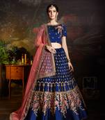 Blue Resham And Sequins Embroidered Satin Semi Stitched wedding Lehenga