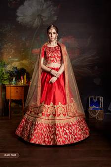 Red Sequins Embroidered Satin Semi Stitched wedding lehenga
