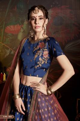 Blue Resham And Sequins Embroidered Satin Semi Stitched wedding Lehenga 2