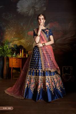 Blue Resham And Sequins Embroidered Satin Semi Stitched wedding Lehenga 3