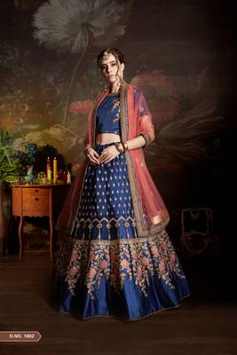 Blue Resham And Sequins Embroidered Satin Semi Stitched wedding Lehenga 4