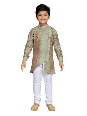 Green woven cotton boys kurta pyjama 1