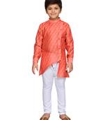 Red woven cotton boys kurta pyjama