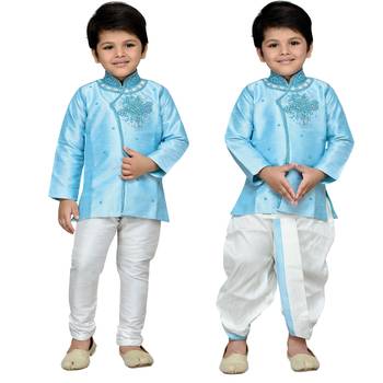 Blue embroidered cotton boys kurta pyjama 1