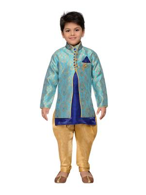 Blue woven cotton silk boys kurta pyjama 1