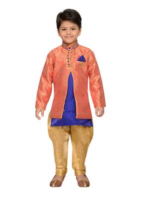 Orange woven cotton silk boys kurta pyjama 1