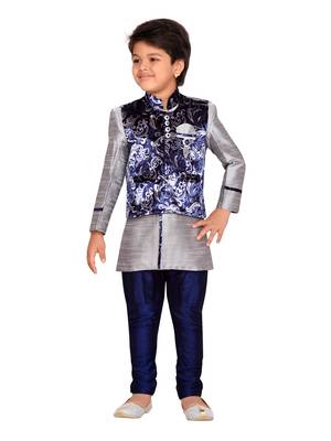 Grey woven velvet boys kurta pyjama 1
