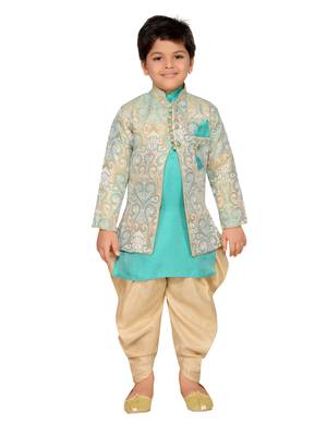 Green woven silk blend boys sherwani 1