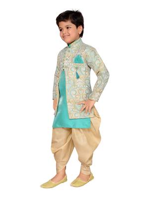 Green woven silk blend boys sherwani 2
