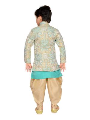 Green woven silk blend boys sherwani 3