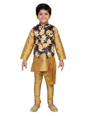 Gold printed silk blend boys kurta pyjama 1