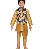 Gold printed silk blend boys kurta pyjama