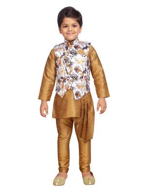 Gold printed silk blend boys kurta pyjama 1