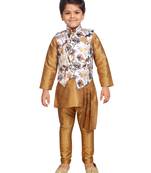 Gold printed silk blend boys kurta pyjama