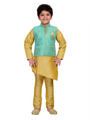 Gold embroidered raw silk boys kurta pyjama 1
