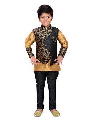 Gold woven raw silk boys kurta pyjama 1